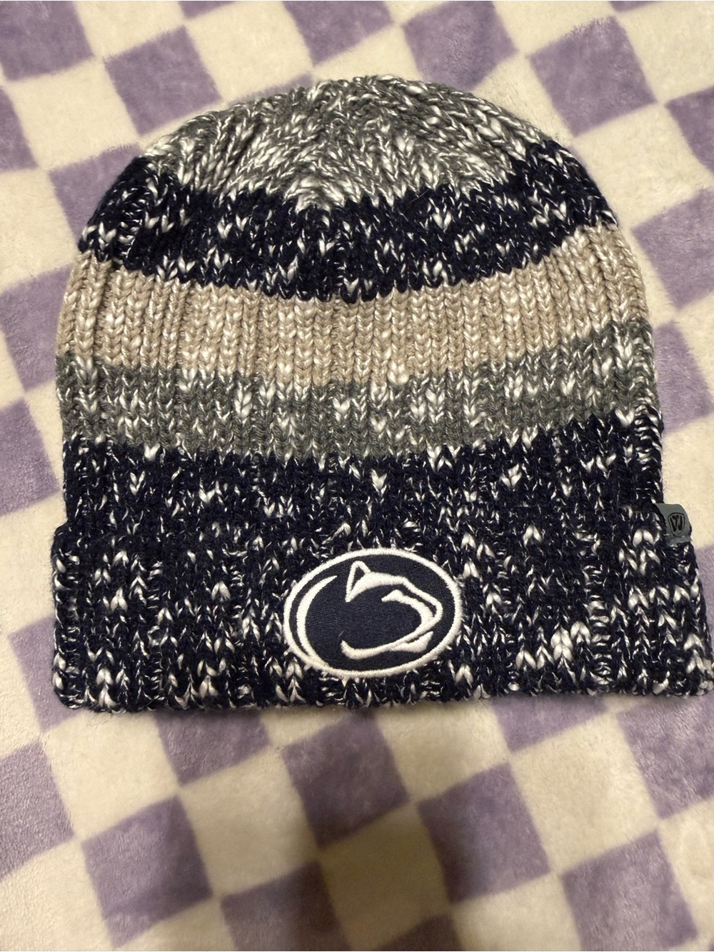 Top of the World Knit Beanie Hat - Navy, Gray, Cream